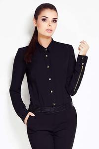 Black Collar Shirt with Metallic Buttons and Zipper Sleeves