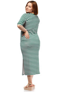 Green Striped Round Neckline 1/2 Sleeves Dress PLUS SIZE