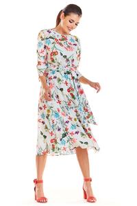 Ecru Classic Flared Dress with a Colorful Pattern