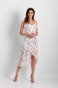 White Patterned Asymmetrical Dress With Frills