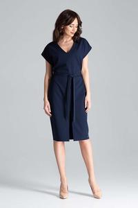 Dark Blue Belted V-Neck Dress