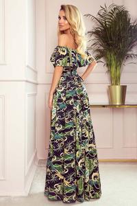 Maxi Dress with Spanish Neckline in Green Leaves