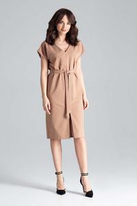 Brown Belted V-Neck Dress