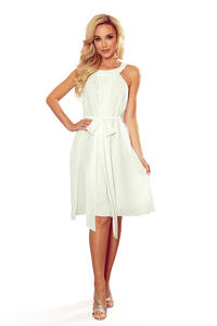 Ecru Chiffon Flared Dress with Belt