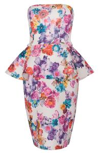 Floral Bandeau Neckline Peplum Waist Coctail Dress