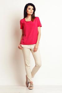 Pink Simple Short Sleeves Blouse with Pocket