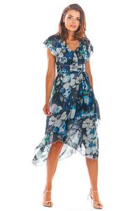 Nevy Blue Envelope Dress Midi in Flowers with a frill