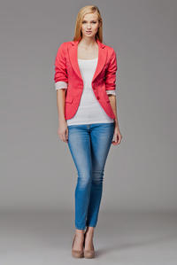 Contrast Sleeves Coral Blazer with Twin Side Flap Pockets