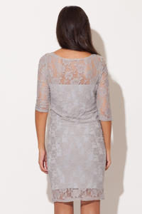 Grey Floral Lace Shift Dress with Elbow Length Sleeves
