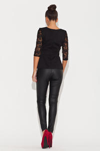 Lace Top Frill Waist Black Top with Elbow Sleeves