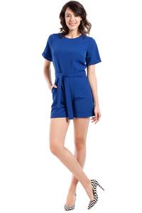 Blue Short Sleeves Belted Summer Jumpsuit