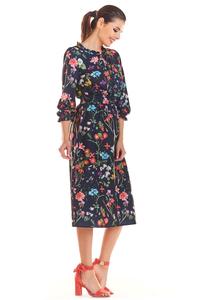 Nawy Blue Romantic Midi Dress with a Floral Pattern