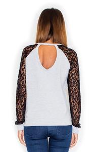 Black&Grey Long Lace Sleeves Cut Out Back Blouse