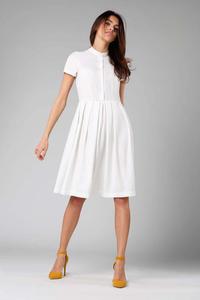 Ecru Flared short-sleeved Dress with Stand-up Collar