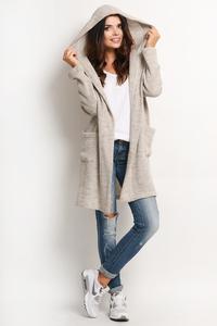 Beige Long Hodded Cardigan with Pockets