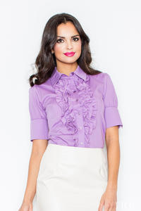 Purple Vintage Collared Blouse with Ruffled Details and Wide Cuffs