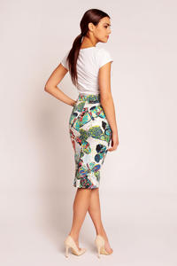 White Abstract Printed Midi Pencil Skirt with Back Zipper Fastening