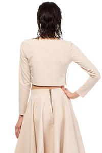 Cappuccino Cropped Blouse with Bateau Neckline and Side Zipper