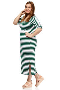 Green Striped Round Neckline 1/2 Sleeves Dress PLUS SIZE