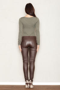 Brown Faux Leather Stretch Skinny Pants with Slant Zipper Pockets