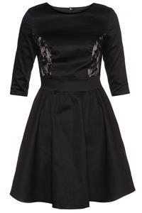 Elbow Sleeve Fit and Flare Black Dress with Lace Front Panels