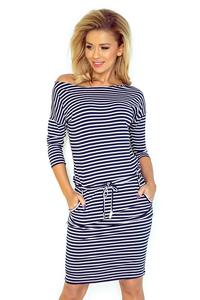 Dress in Gęny. Navy Strips. Pulled in the Belt