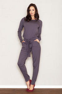 Grey Jumpsuit with Raglan Sleeves and Self Tie Belt