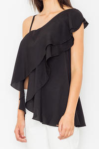 Black Asymetrical One Shoulders Strap Dress with a Frill