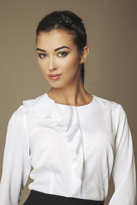 Collarless White Shirt with Asymmetrical Frilled Neckline