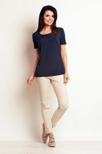 Dark Blue Simple Short Sleeves Blouse with Pocket