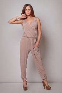 Wrap Around Sleeveless Beige Jumpsuit with Shirred Waist