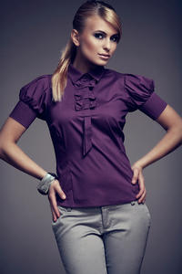Aubergine Collared Blouse with Bow Details and Pleated Cap Sleeves