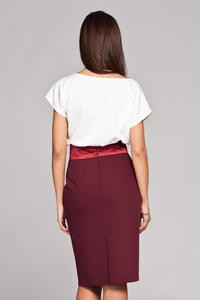 Maroon Knee Length Pencil Skirt with Glossy Belt