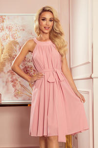 Pink Chiffon Flared Dress with Belt