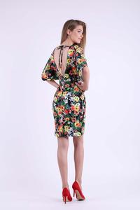 A floral pencil dress with a neckline at the back