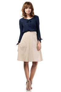 Beige Flared Knee Lenght Skirt with Pockets