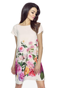 Ecru Flared Dress with Roses Pattern