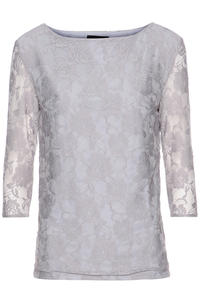 Gray Bateau Neckline Floral Lace Blouse with 3/4 Sleeves