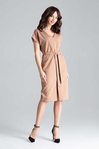 Brown Belted V-Neck Dress