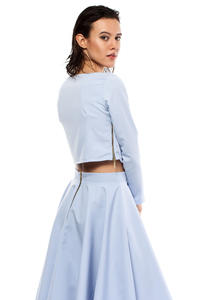 Light Blue Cropped Blouse with Bateau Neckline and Side Zipper