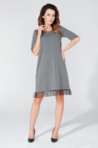 Grey 1/2 Sleeves Plain Dress with Tulle Edging