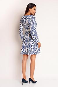 Blue&White Flared Belted Dress with Bow