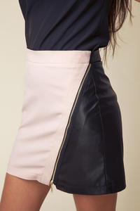Color Block Short Leather Skirt with Asymmetrical Zipper