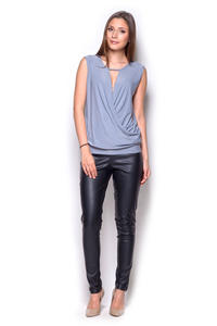 Grey Sleeveless Drape Blouse with Front Strap