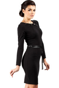 Black Pleated Neckline Shift Dress with Belt