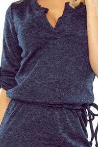 Dark Blue Melange Pencil Dress with Stand-up Collar