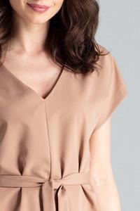 Brown Belted V-Neck Dress