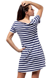 Dark Blue Bateau Neck Striped Dippy Hemline Shift Dress