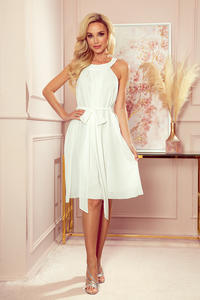 Ecru Chiffon Flared Dress with Belt