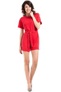 Red Short Sleeves Belted Summer Jumpsuit